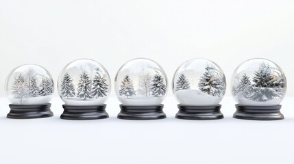 3D lineup of snow globes on white background