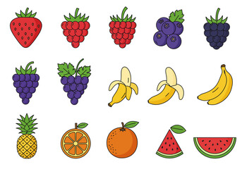 Fifteen colorful cartoon fruits are arranged in five rows of three against a white backdrop