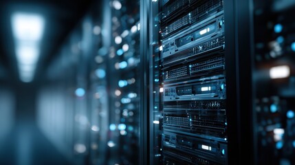A modern server room with rows of illuminated racks and data storage equipment, glowing with blue lights in a high-tech environment