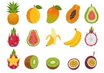Fifteen tropical fruits pineapple mango papaya guava dragonfruit banana kiwi carambola passionfruit