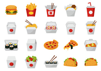 Food icons show burger fries sushi pizza tacos noodles salad  drinks delivery style