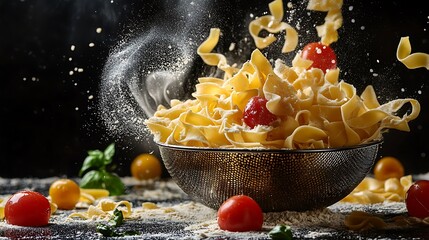 Fresh pasta preparation showing fettuccine with cherry tomatoes in motion on a dark backdrop, and flour being sprinkled around