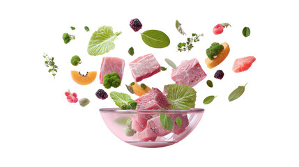 Colorful ingredients flying around a glass bowl, showcasing fresh fruits and mint leaves in a vibrant display.