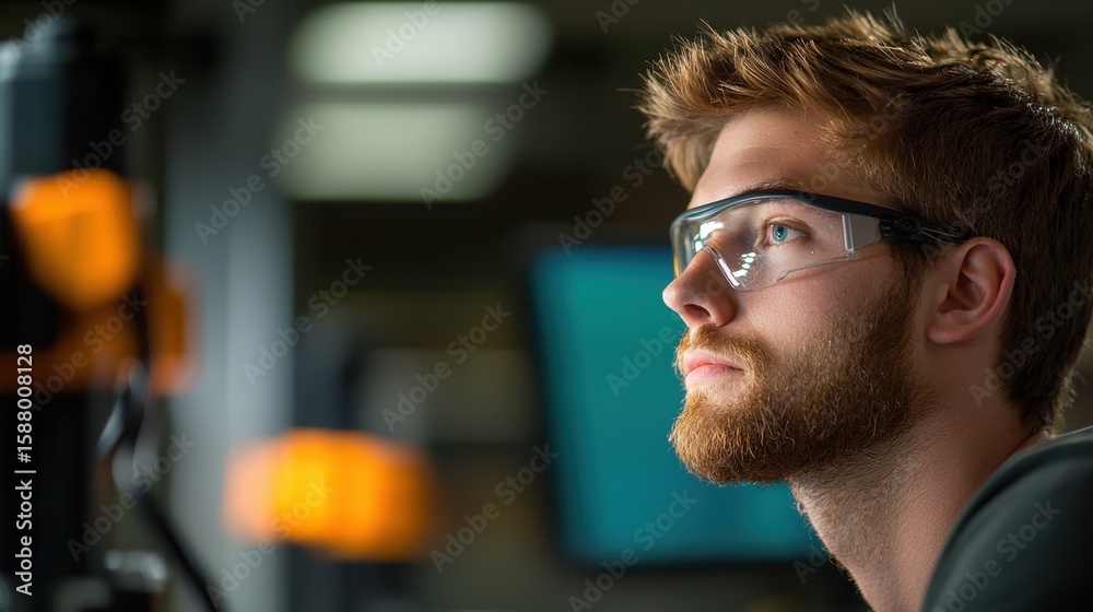 Poster expertise engineer designing advanced robotics systems in a state of the art lab.