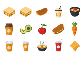 Food Isometric food items in three rows Sandwiches coffee fruit carrots soup and crackers are visible