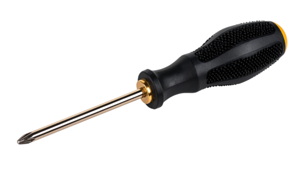 Black screwdriver with a sleek golden handle, featuring a metallic shaft and detailed grip texture. Isolated on a white background with clipping path in PNG file format.