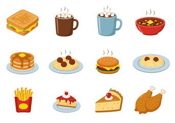 Graphic of diverse food items including sandwich soup burger dessert and spaghetti displayed on a white background