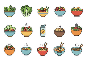 Healthy food bowls of salads rice and soup with a water bottle