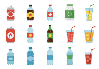 Illustration of cans bottles and glasses of diverse beverages arranged in a neat organized pattern on a white background