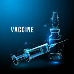 A digital medical illustration of a vaccine vial and syringe rendered in a futuristic wireframe style against a deep blue gradie.