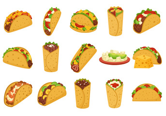 Illustration shows various tacos burritos  a plate of food