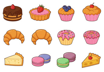 Illustration shows twelve various pastries on a white background