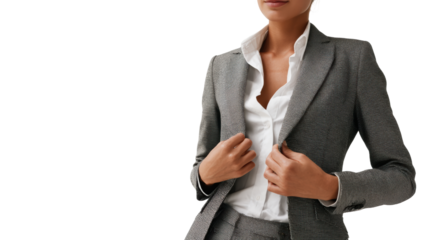 Confident business woman in stylish gray suit, white shirt, standing with a poised expression, white isolate background.
