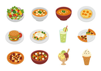 Isometric food icons on white backdrop salads soups burger pasta drink pizza ice cream