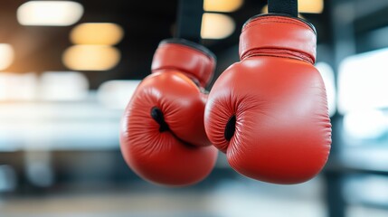 Red boxing gloves hang against a blurred background, showcasing their texture and color, Ideal for sports-related content, fitness promotions, or articles on boxing training and competition,