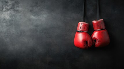 A pair of worn red boxing gloves hang against a textured dark background, symbolizing determination and strength, Ideal for sports-related content, motivational posters, or fitness branding,