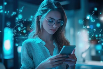 Naklejka premium Stylish young woman in office using smartphone, social network visualizations around her