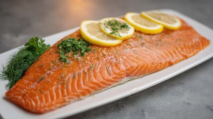 Fresh salmon fillet garnished with lemon slices and herbs, served on a white platter for a delicious and healthy meal