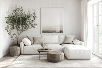 Stylish white and beige living room, computer-generated mockup interior scene
