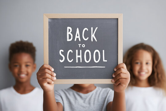 A group of happy, diverse children hold up a chalkboard with a "Back to School" message. A welcoming, inclusive concept for the start of a new school year, education, and community. - Powered by Adobe