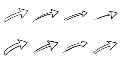 eight various arrow designs in line drawing style, isolated vector images on transparent background, image set
