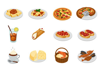 Italian food icons showcase pasta pizza drinks desserts seafood and cheese on white plates