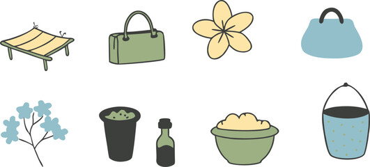 Vector art of a charming collection of pastelcolored illustrations featuring leisure and nature items isolated on transparent background.