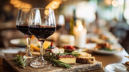 Two glasses of red wine and a cheese platter with herbs are set on a wooden board in a warmly lit dining setting