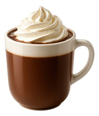 A hot chocolate cup with steam swirling above the whipped cream.
