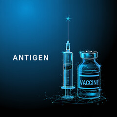 A digital medical illustration of a antigen vial and syringe rendered in a futuristic wireframe style against a deep blue gradie.