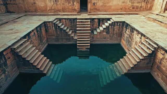 Stepwell with stone stairs, likely used for water collection in ancient times.