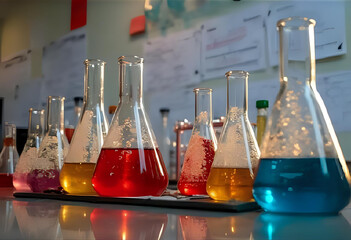 a beautiful close-up scene from a chemical laboratory; colorful liquids in test tubes