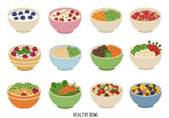 Twelve bowls of varied healthy food including fruit vegetables and oatmeal arranged on a white background