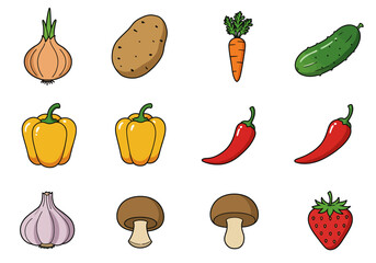 Twelve cartoon produce illustrations arranged in four rows onion potato carrot cucumber peppers chili peppers garlic mushroom strawberry