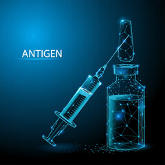 A digital medical illustration of a antigen vial and syringe rendered in a futuristic wireframe style against a deep blue gradie.