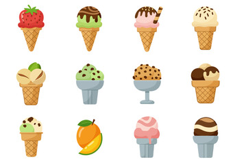 Twelve colorful cartoon ice cream cones  scoops in a grid arrangement