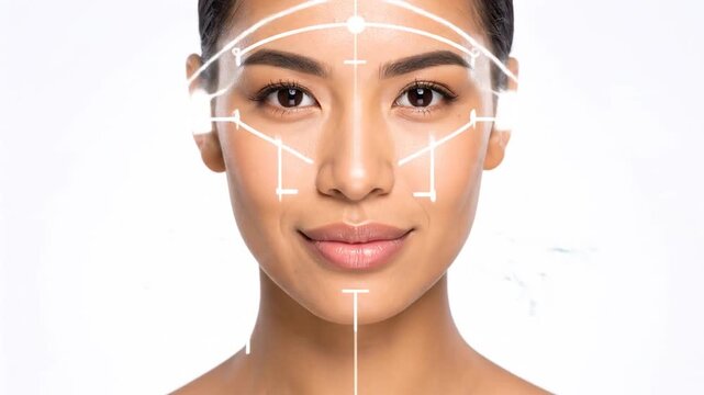 Asian woman facial analysis with cosmetic surgery guidelines for beauty enhancements