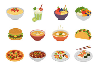 Twelve food dishes arranged in a grid layout on a white background