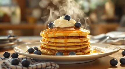 Steaming Blueberry Pancakes Golden Syrup Fresh Breakfast Indulgence