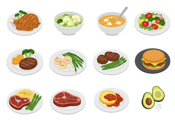 Twelve food dishes displayed including meats soups salads and avocados