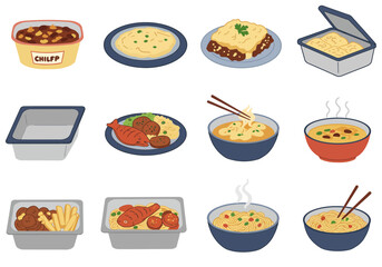 Twelve food dishes including soup noodles  entrees presented as drawn illustrations