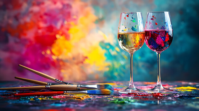 art and wine night banner with paintbrushes wine glasses and creative splashes of color ready to advertise summer sip and paint deals,