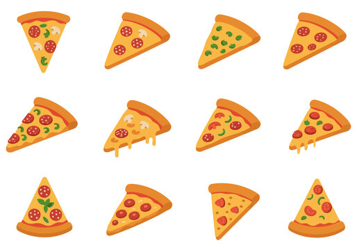 Twelve pizza slice illustrations with varied toppings in a 3x4 grid arrangement