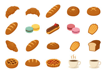 Twenty bakery items and two coffee cups presented in neat rows and columns on a white background