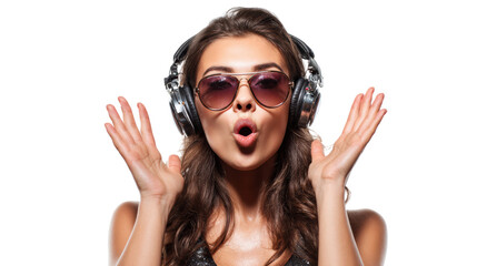 Excited woman with headphones and sunglasses, expressing joy and energy, white isolated background.
