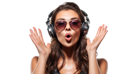 Excited woman with headphones and sunglasses, expressing joy and energy, white isolated background.