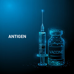 A digital medical illustration of a antigen vial and syringe rendered in a futuristic wireframe style against a deep blue gradie.