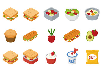 Variety of foods sandwiches salads fruits muffin yogurt beets avocado tomato chips