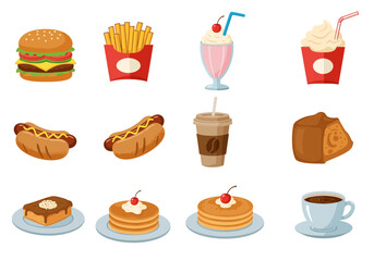 Variety of fast food icons burger fries shakes hot dogs coffee pancakes toast cake