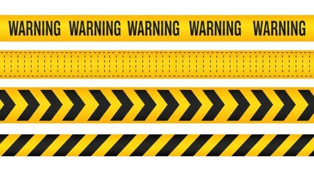 Collection of yellow and black warning and hazard tapes with different patterns